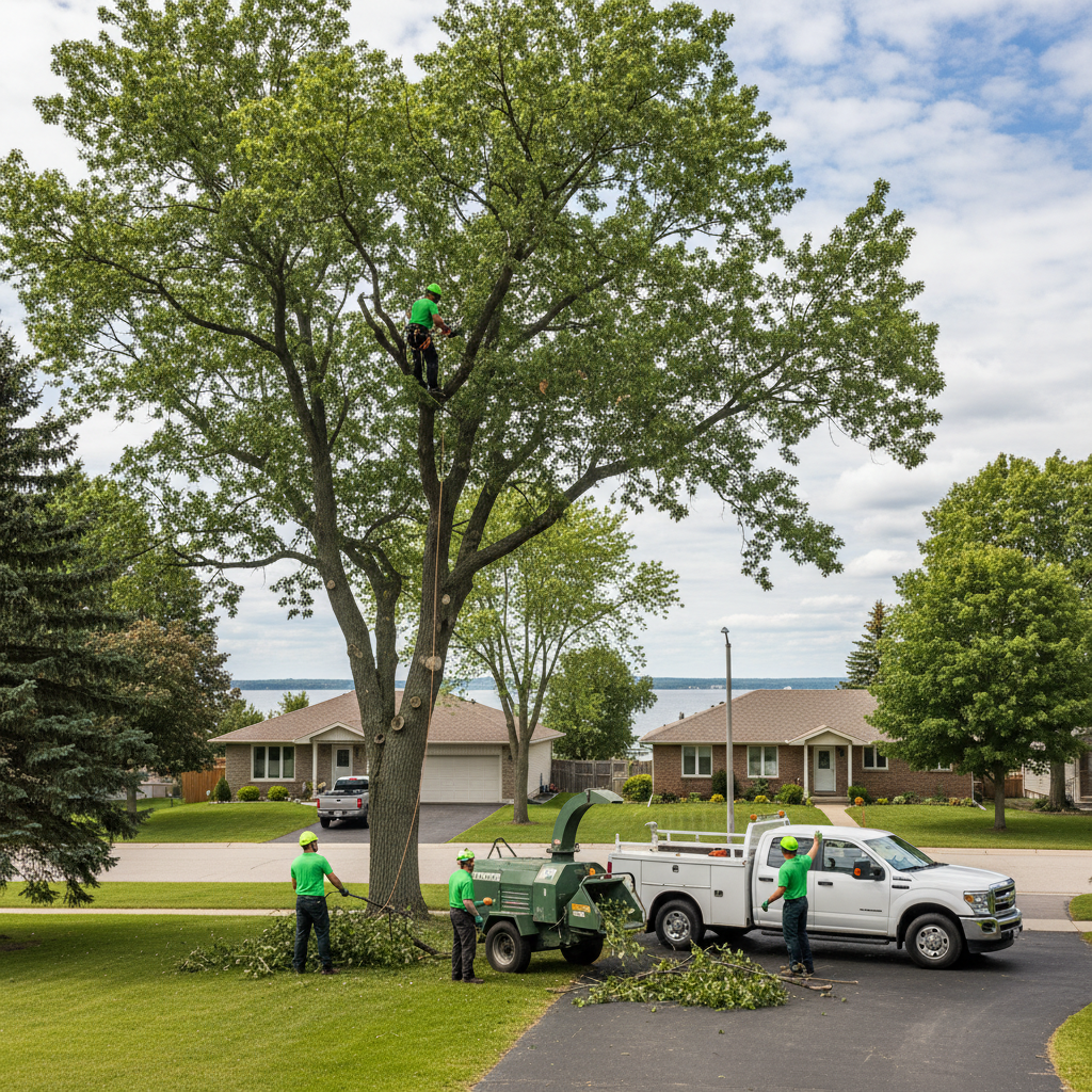 Professional tree service crew working on large tree removal with safety equipment and crane